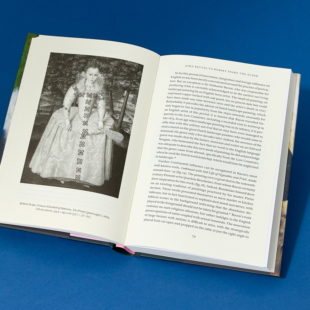 The book open at Robert Peake's portrait of Princess Elizabeth of Bohemia, beside a page of text.