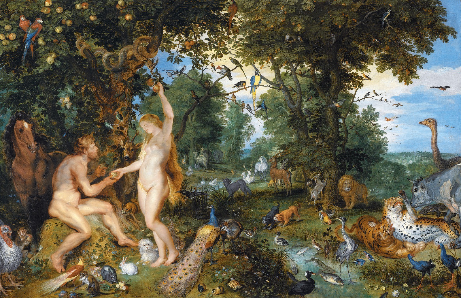 The Garden of Eden with the Fall of Man by Rubens and Jan Brueghel the Elder: Adam and Eve beneath a fruit tree among birds and animals.