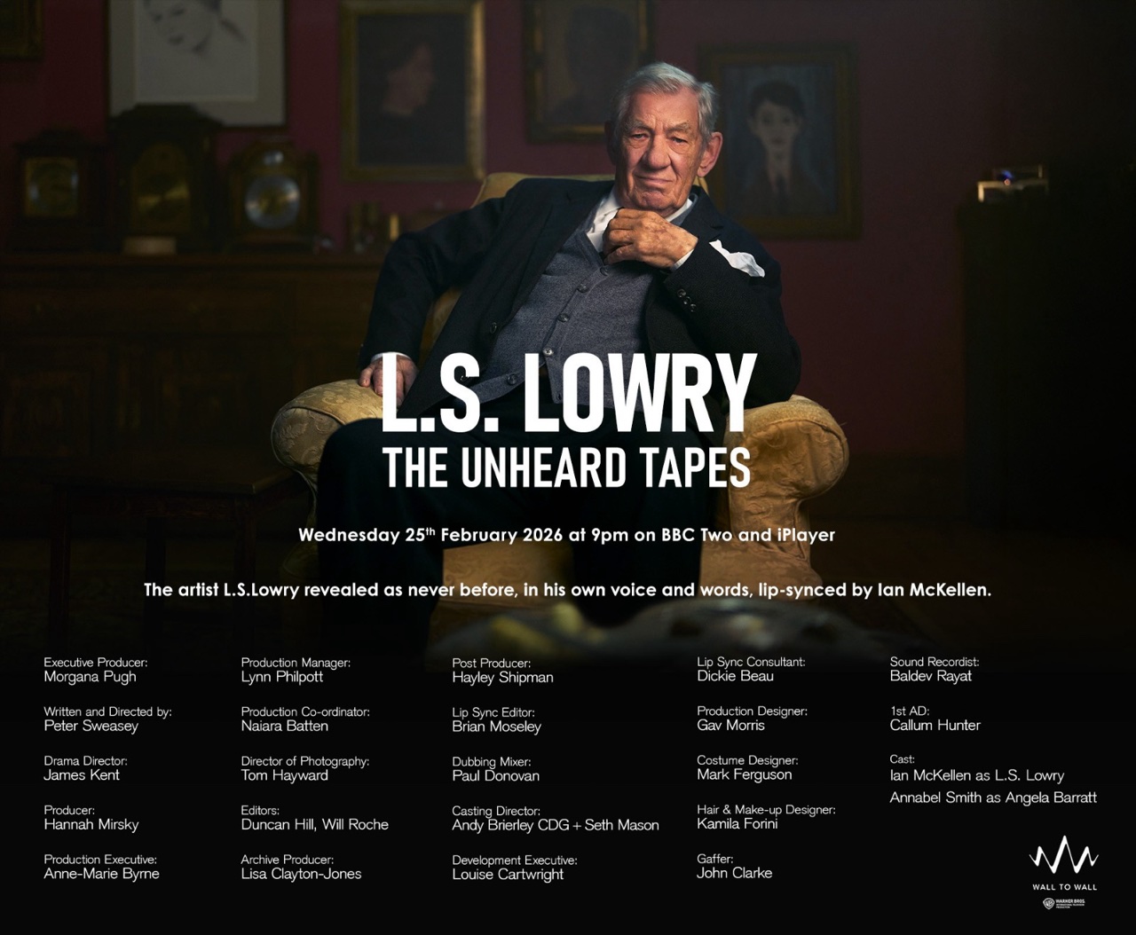 Title card for L.S. Lowry: The Unheard Tapes, with Ian McKellen as L.S. Lowry seated in an armchair.