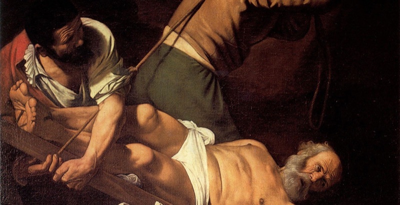 Detail from a painting showing figures lifting a cross into place.