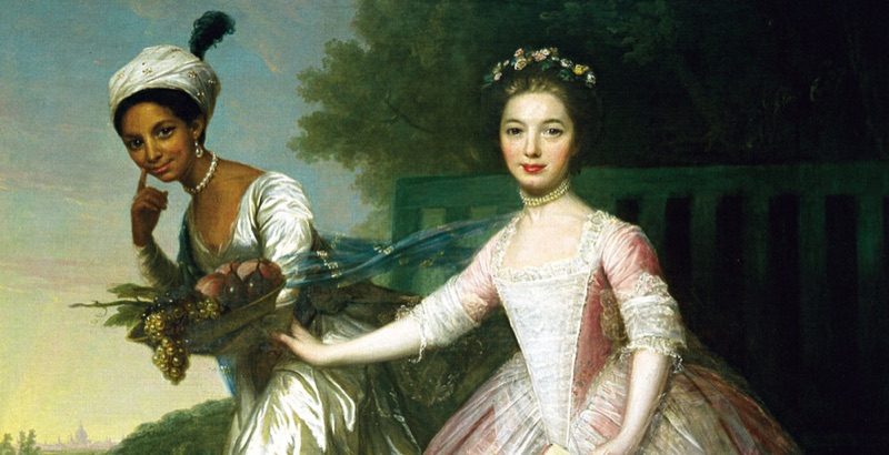 Painting of two women in an outdoor setting, one holding a basket of fruit.