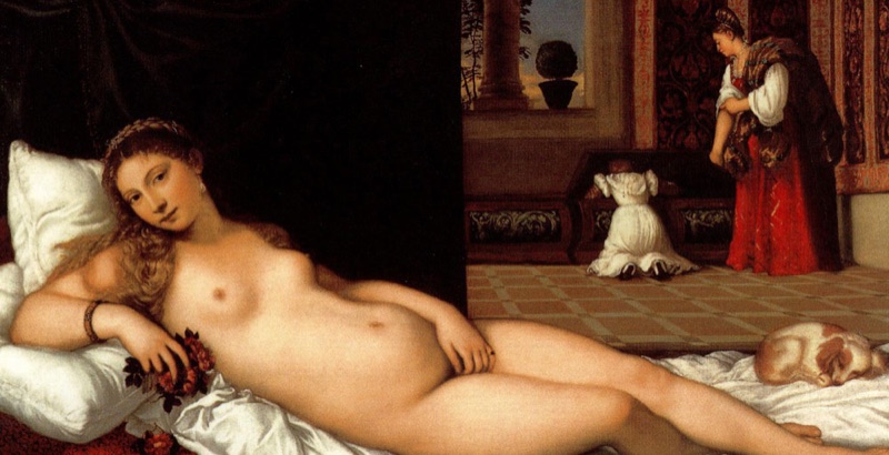Titian's Venus of Urbino, a reclining nude with two maids at a chest behind her.