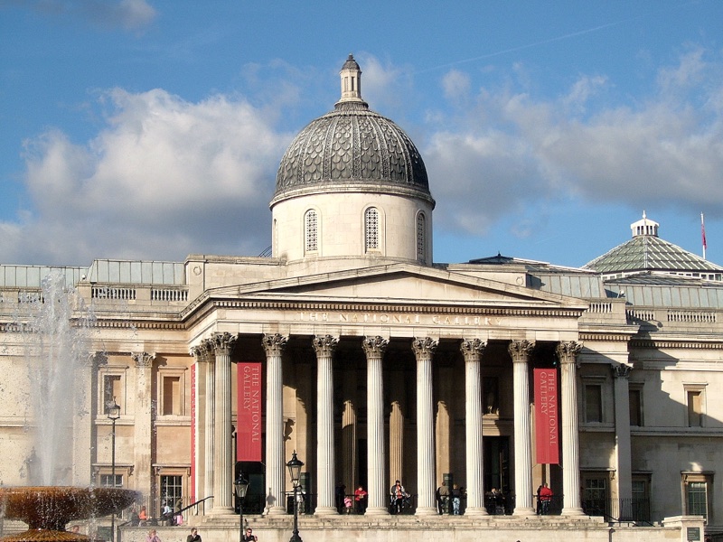 The portico and dome of the National Gallery in London.