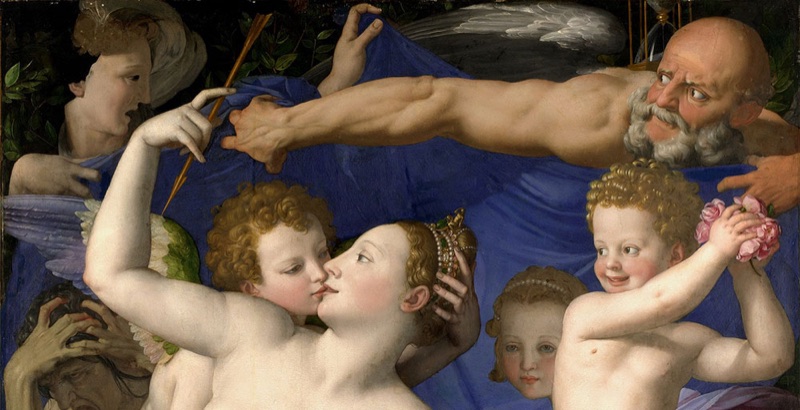 Detail from a Bronzino painting with figures against blue drapery.