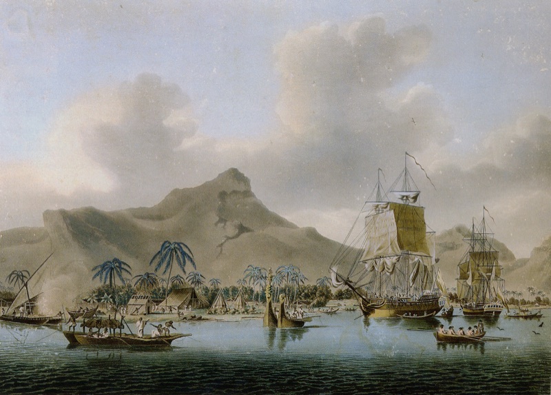 Aquatint of sailing ships anchored off a South Pacific island.