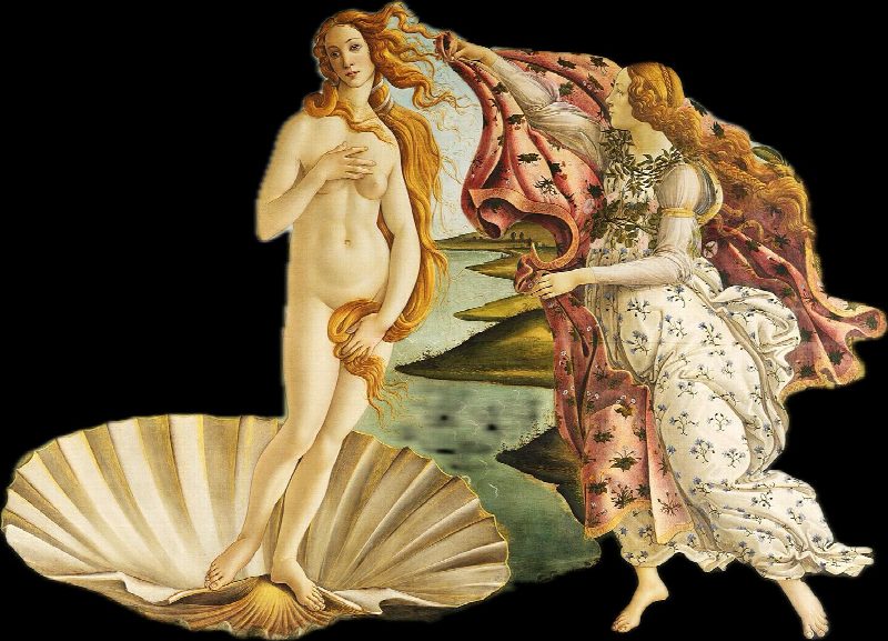 Venus on her shell and the figure holding out a cloak to her, from Botticelli's The Birth of Venus, cut out on black.