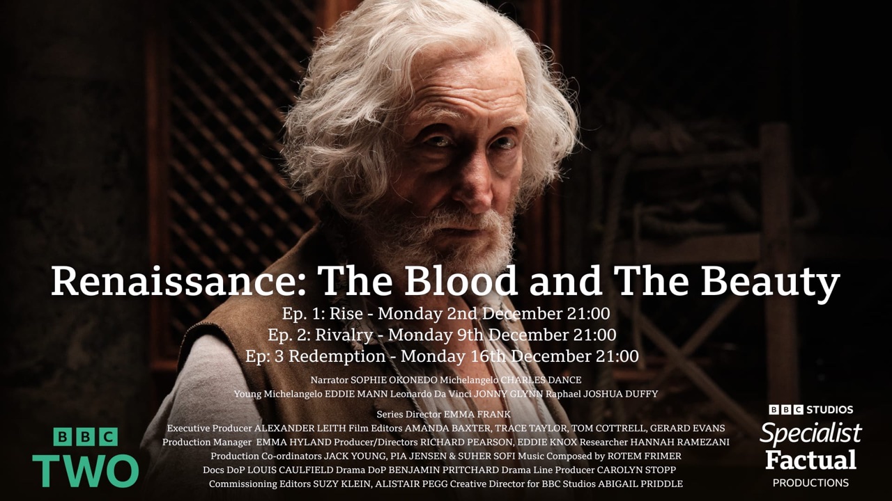 BBC Two title card for Renaissance: The Blood and the Beauty, listing the broadcast dates of its three episodes.