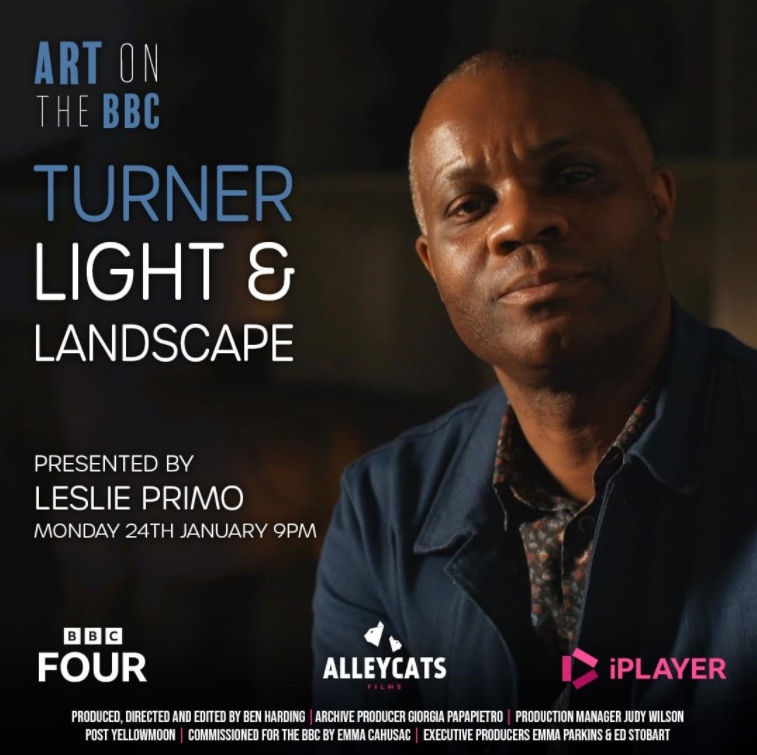 Programme card for Art on the BBC: Turner, Light and Landscape, presented by Leslie Primo, with his portrait.